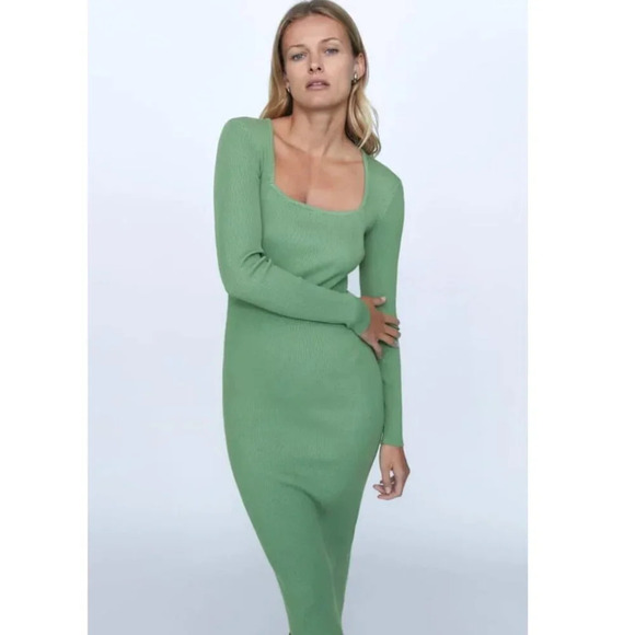 Zara Knit Long Sleeve Midi Dress Green Size Medium - Picture 4 of 8